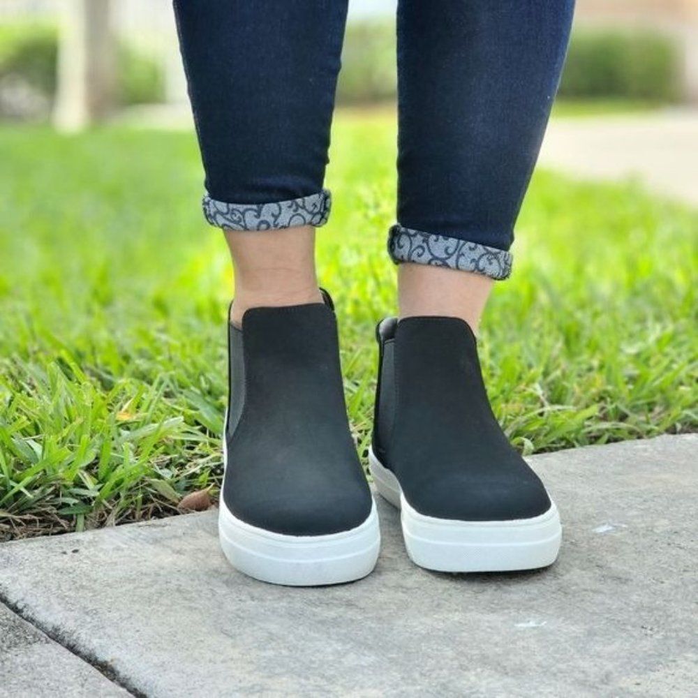 Black Nubuck Chelsea Style High Top Sneakers for Women Slip On